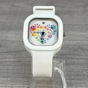 Rainbow Paw Print Heart Silicone Watch - White